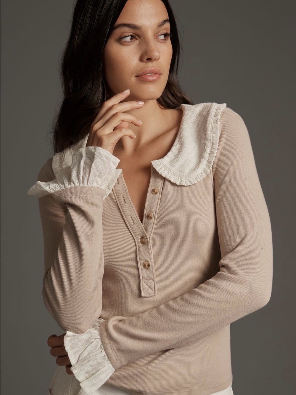 Vintage Pilcro Ruffled Collar Henley Top
